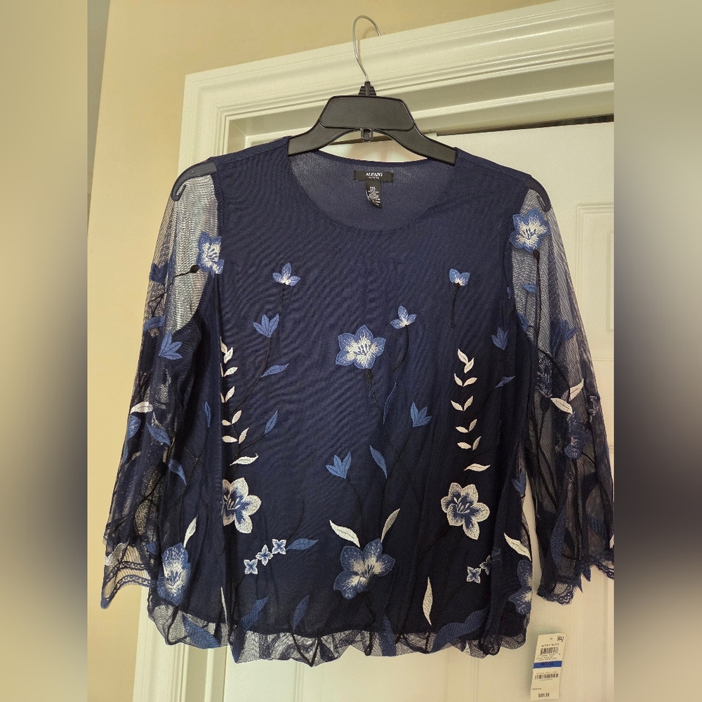 Navy Blue Floral Embroidered Overlay And Sleeves Bubble Hem Top By Alfani